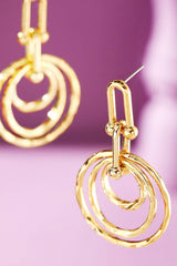 Gold Hammered Triple Circle Link Earrings: GD-GOLD
