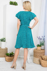 Flurries of dots Print Faux  Wrap Dress in Teal Blue
