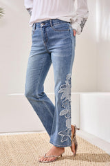Embroidered Curvey Hugging wide leg Jeans