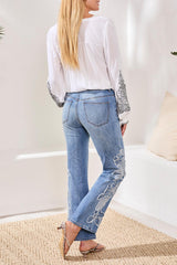 Embroidered Curvey Hugging wide leg Jeans