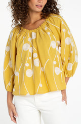 Yellow with Cream Embroidery Woven Top