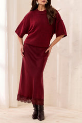 SATIN EFFECT MIDI SKIRT WITH LACE TRIM HEM