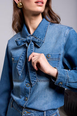 BLUE THREAD SELF-TIE BOW BUTTON FRONT DENIM BLOUSE