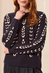 CONTRAST LACE-UP CABLE KNIT CREW NECK SWEATER