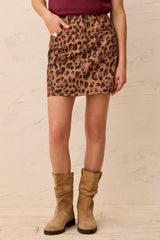 LEOPARD PRINT DENIM MINI A-LINE SKIRT WITH PATCH POCKETS