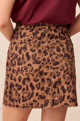LEOPARD PRINT DENIM MINI A-LINE SKIRT WITH PATCH POCKETS