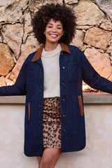 LEOPARD PRINT DENIM MINI A-LINE SKIRT WITH PATCH POCKETS