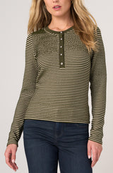 Long Sleeve Knit Henley Top W/ Sweater Trim