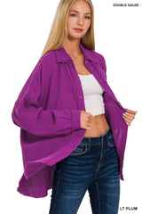 `Oversized Raw Edge Shirt W/ Back Patch Zenana: LT GREY-153903 / XL