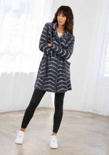 Fuzzy Chevron Jacquard Button Front Cardigan: Cream/Black / S