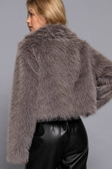Notched Collar Faux Fur Crop Jacket: GRY-grey-171080 / M