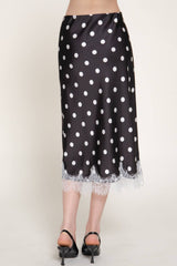 Mid Rise lace Trim Dot Print Satin Midi Skirt: BRN-brown/white / M
