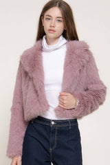 Long Sleeve Notched Collar Faux Fur Cropped Jacket: PNK-mauve / L