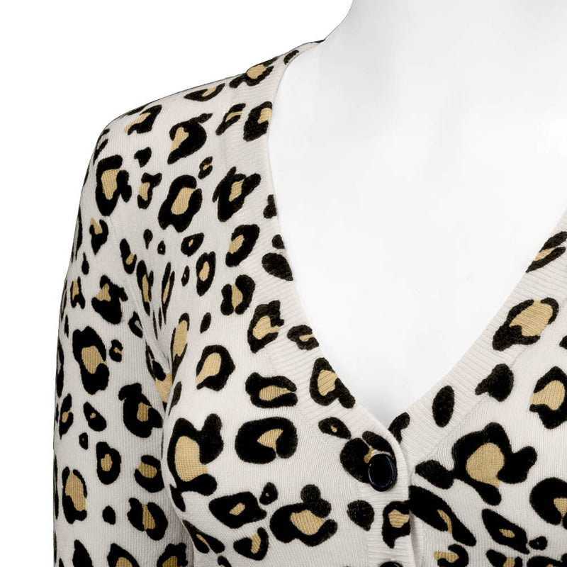 Leopard 3/4 Sleeve V-Neck Buttoned Sweater Cardigan CO078LEO: IVORY/GREY / XL