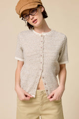Striped Short Sleeve Button Cardigan: Black / S