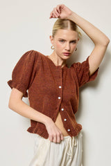Puff Sleeve Ruffle Hem Knit Cardigan: Rust Brown / M