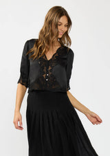 V-Neck Button Front Blouse with Lace Trim: BLACK/ BLACK / XS