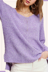JLS3504-Soft Lightweight Loose Fit Textured Pullover Sweater: Plum / M