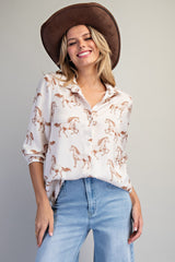 Button Down Horse Printed Blouse