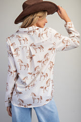 Button Down Horse Printed Blouse