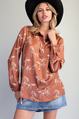 Button Down Horse Printed Blouse
