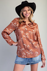 Button Down Horse Printed Blouse