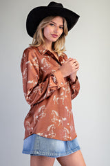 Button Down Horse Printed Blouse