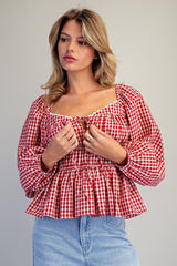 Gingham Sweetheart Neck Blouse
