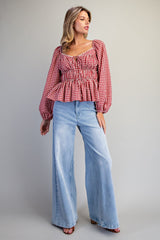 Gingham Sweetheart Neck Blouse