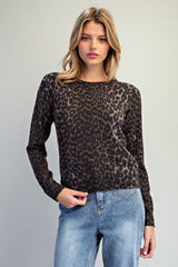 Leopard Print Crew Neck Knit Top