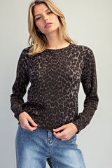 Leopard Print Crew Neck Knit Top