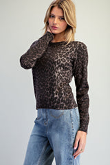Leopard Print Crew Neck Knit Top