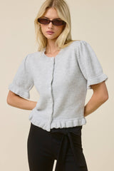 Puff Sleeve Ruffle Hem Knit Cardigan: Rust Brown / S
