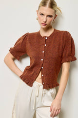 Puff Sleeve Ruffle Hem Knit Cardigan: Rust Brown / S