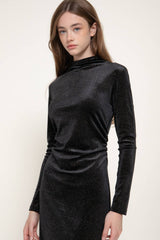 Long Sleeve High Neck Shirring Glitter Velvet Long Dress: RED-dark red / L