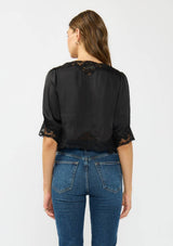 V-Neck Button Front Blouse with Lace Trim: BLACK/ BLACK / S