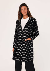 Fuzzy Chevron Jacquard Button Front Cardigan: Cream/Black / M