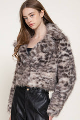Long Sleeve Notched Collar Printed Faux Fur Jacket: IVY-cream / L