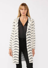 Fuzzy Chevron Jacquard Button Front Cardigan: Cream/Black / M