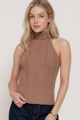 Sleeveless Turtle Neck Front Cable Sweater: BLK-black / M