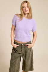 Fuzzy Knit Cropped Short Sleeve Sweater: Seafoam / L