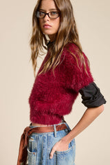 Fuzzy Knit Cropped Short Sleeve Sweater: Wine / M