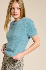 Fuzzy Knit Cropped Short Sleeve Sweater: Seafoam / S