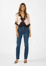 V-Neck Button Front Blouse with Lace Trim: BLACK/ BLACK / XS