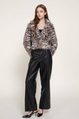Long Sleeve Notched Collar Printed Faux Fur Jacket: KHA-camel / M