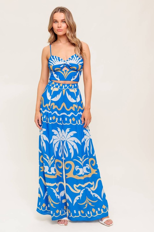 Blue Woven Crop Top and Pant Set