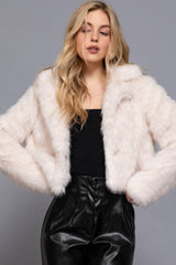 Notched Collar Faux Fur Crop Jacket: GRY-grey-171080 / S