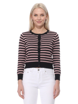 3/4 Sleeve Crewneck Striped Sweater Cardigan MK3521: RED/IVORY / L