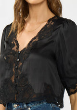 V-Neck Button Front Blouse with Lace Trim: BLACK/ BLACK / S
