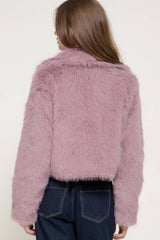 Notched Collar Faux Fur Crop Jacket: BRN-dark coffee-186630 / M